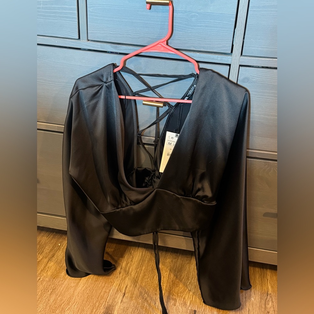 ZARA Black Satin Long Sleeve Top